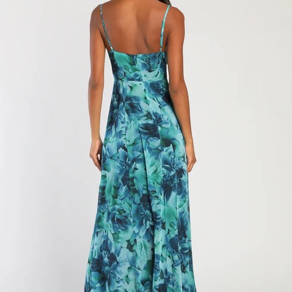 Lulus Beautiful Soul Teal Green Floral Print Twist-front Maxi Dress - Size M - Picture 3 of 3